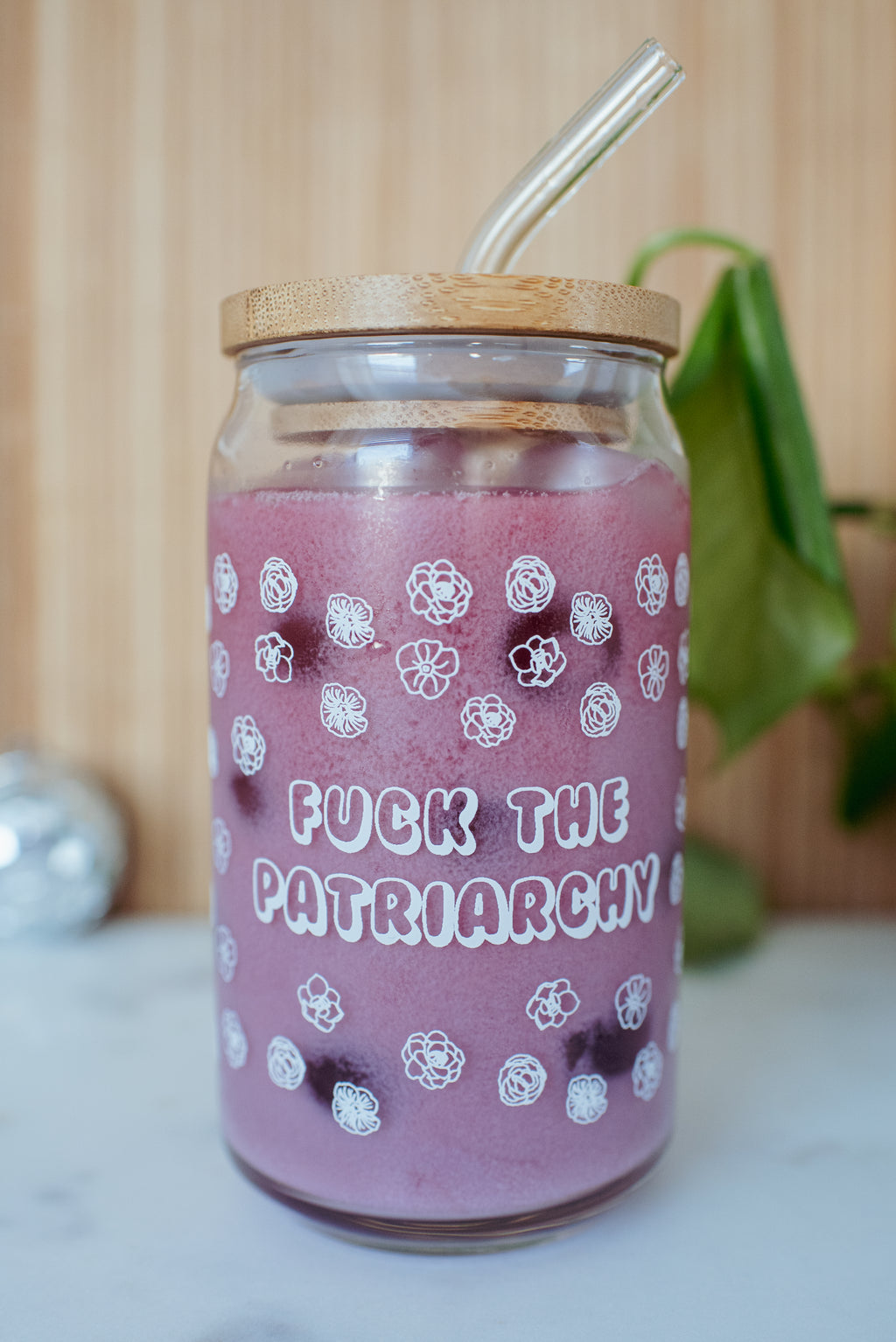 16 oz. "Fuck the Patriarchy" Beer Glass with Glass Straw and Lid