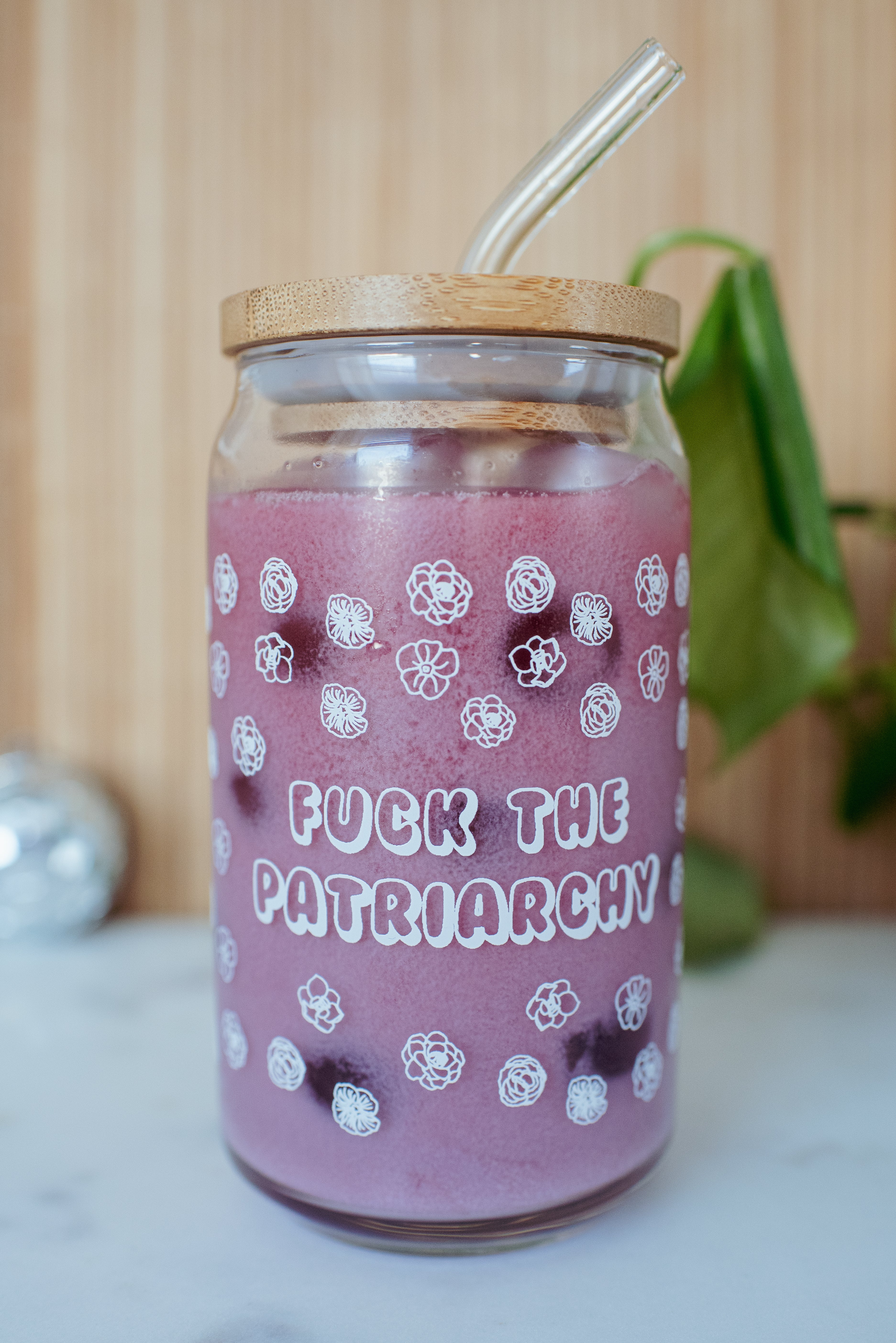 16 oz. "Fuck the Patriarchy" Beer Glass with Glass Straw and Lid