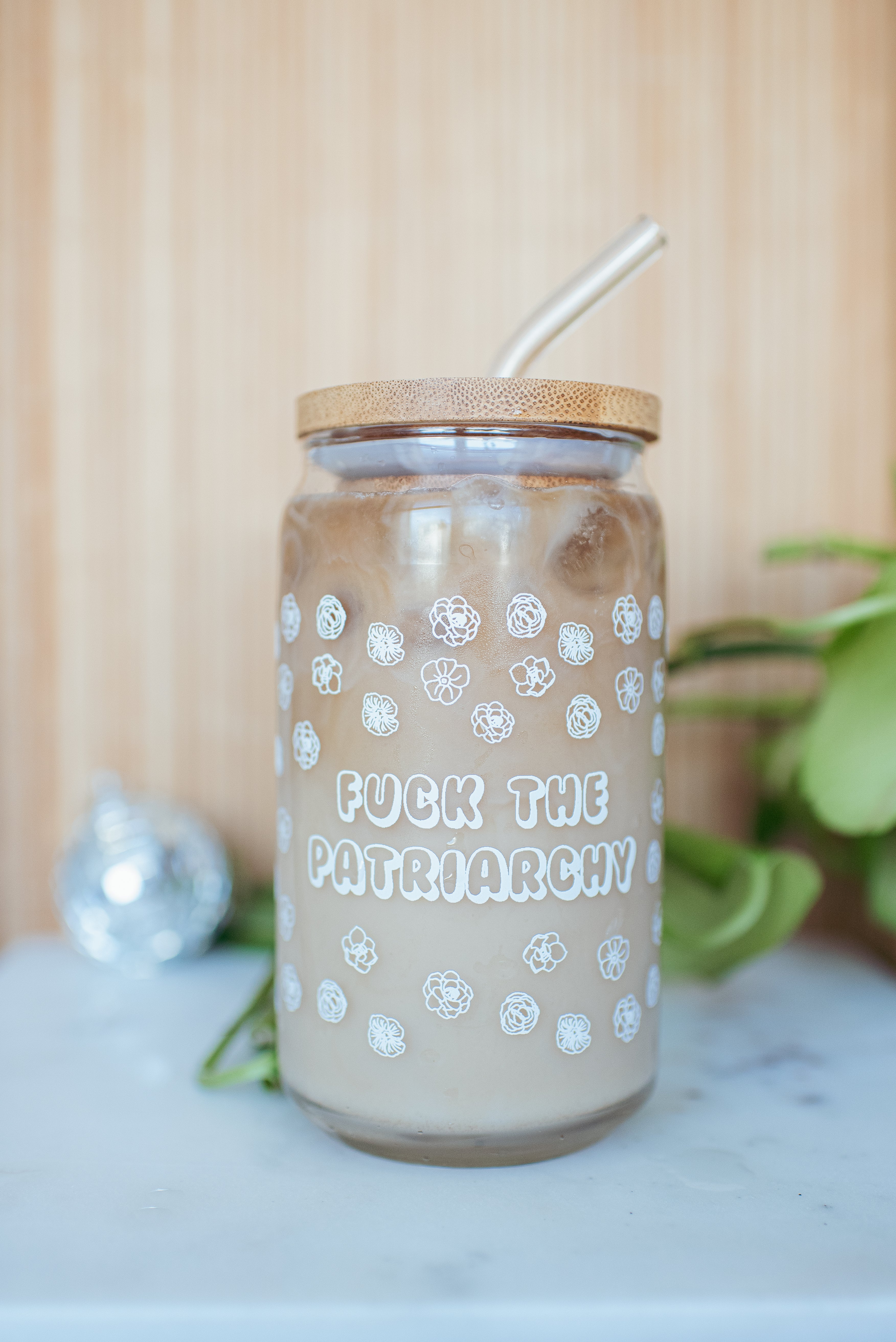 16 oz. "Fuck the Patriarchy" Beer Glass with Glass Straw and Lid