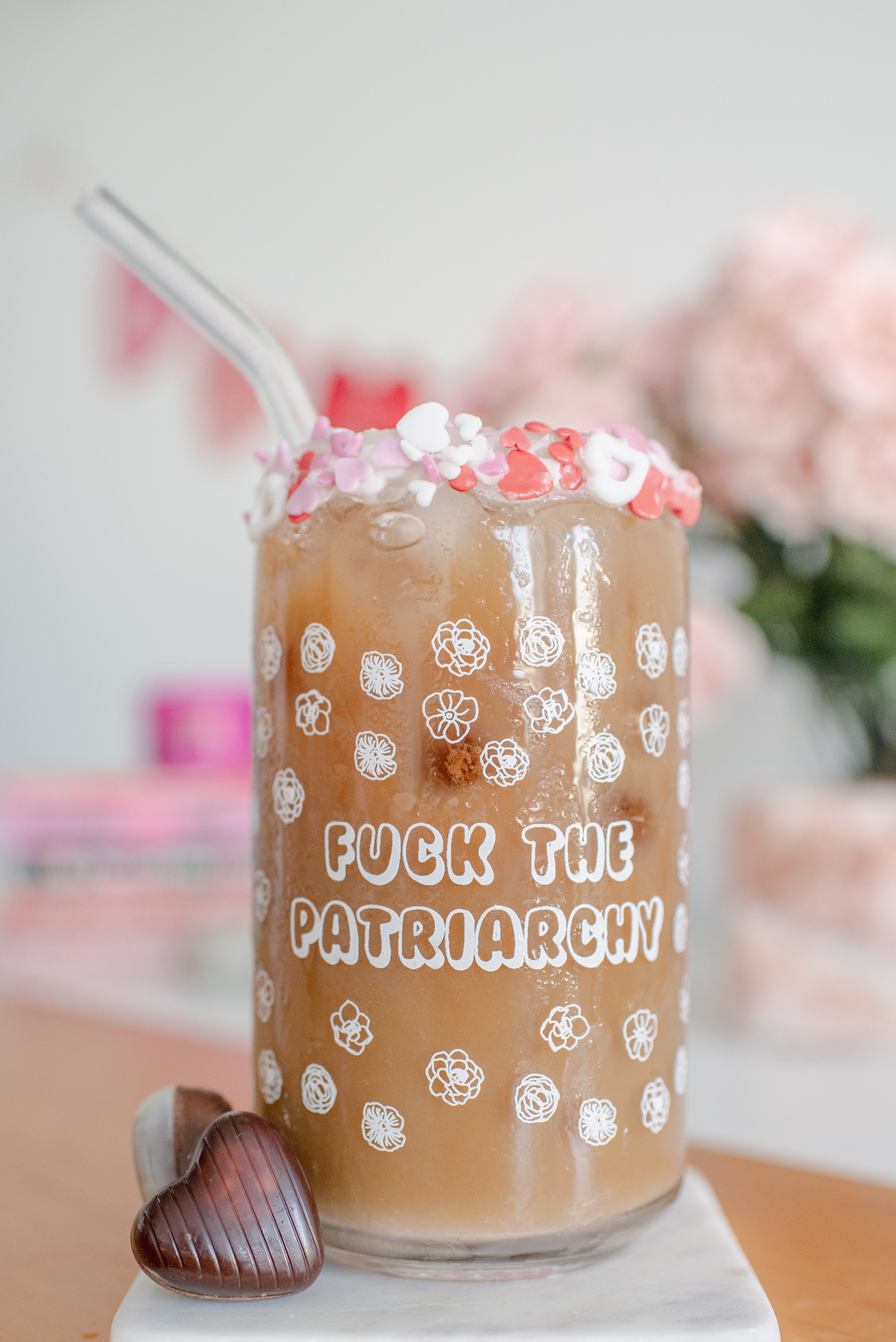 16 oz. "Fuck the Patriarchy" Beer Glass with Glass Straw and Lid