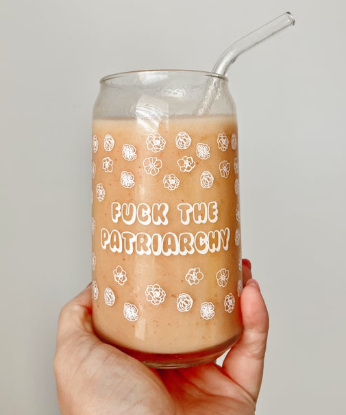 16 oz. "Fuck the Patriarchy" Beer Glass with Pink Straw and Lid