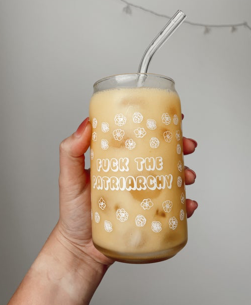 16 oz. "Fuck the Patriarchy" Beer Glass with Glass Straw and Lid